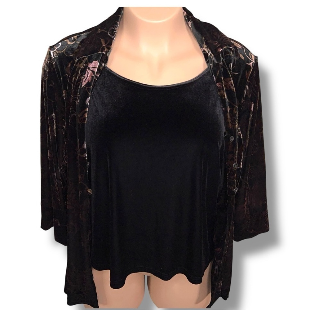 Vintage 20/22W Laura Scott Velour Blouse Built In Tank Set Floral Print Stretch
